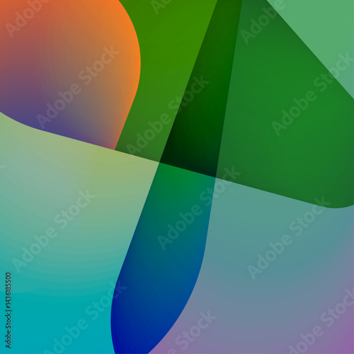 Abstract digital artwork featuring overlapping shapes in green, blue, and orange hues with smooth gradients and a modern aesthetic.