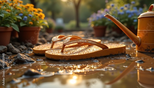 Dirty rubber flip-flops in a puddle after watering the vegetable beds, covered in clay and mud. Nearby are the gardener's working tools and a watering can. Garden. Farm. Vacation. Agritourism. 