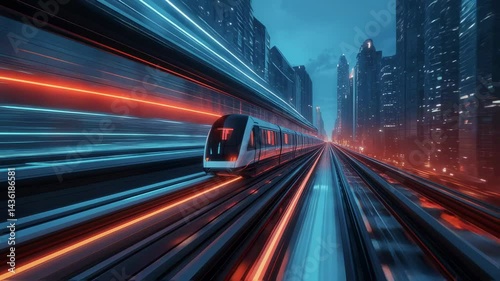 Train Moving Quickly Through Futuristic City at Night Slow Motion