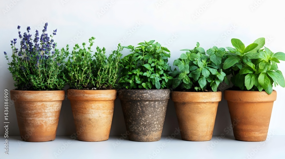 Various herbs flourishing in terracotta pots, creating a colorful and fragrant garden. Various herbs flourishing in terracotta pots, creating a colorful and fragrant garden.