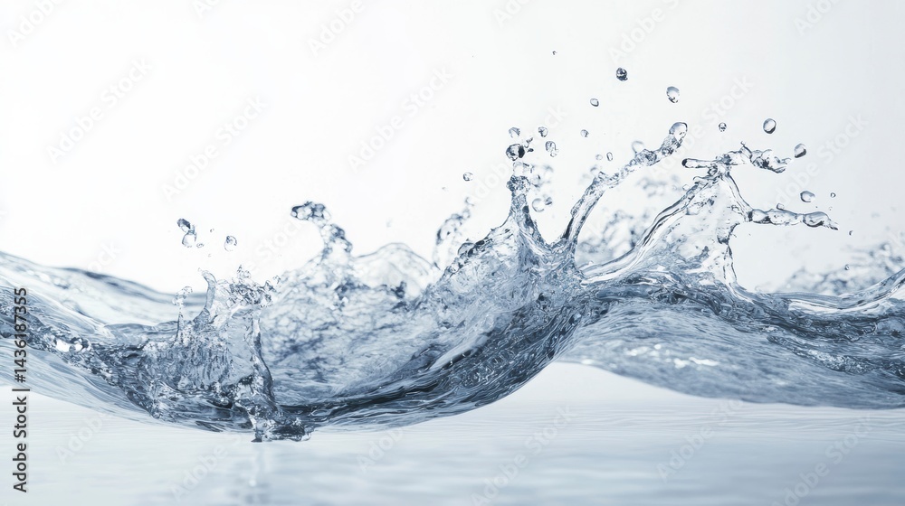 Dynamic water splash with wave and droplets against white background. Dynamic water splash with wave and droplets against white background.