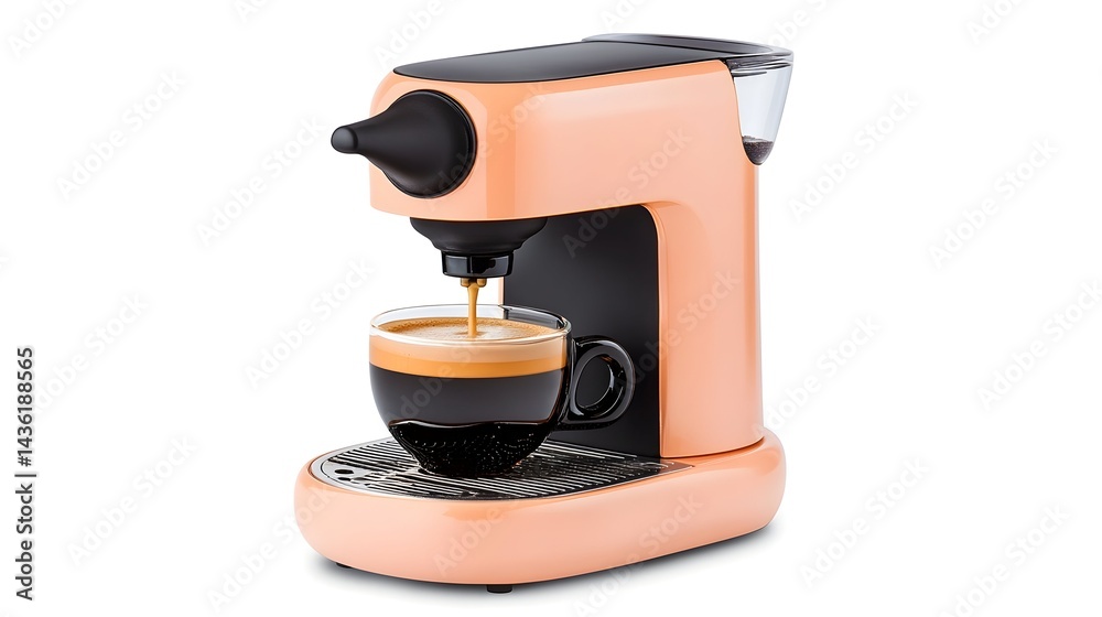 Compact pastel-orange espresso machine brewing coffee into a small cup