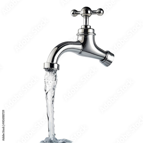 Closeup of a Chrome Faucet with Running Water on transparent background