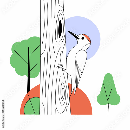Vector illustration of a wood packer is peeking a trunk of a tree 