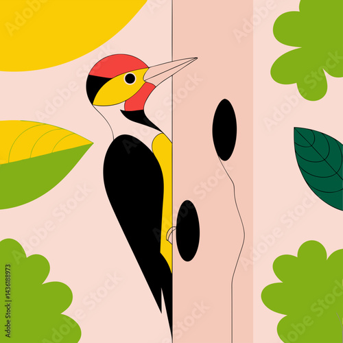 Vector illustration of a wood packer is peeking a trunk of a tree 
