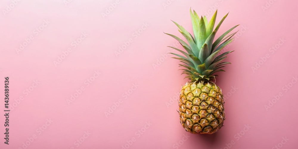A single ripe pineapple sits on a pale pink background, showcasing its vibrant texture and tropical aesthetic. The image offers a clean, minimalist style, perfect for various design applications. A single ripe pineapple sits on a pale pink background, showcasing its vibrant texture and tropical aesthetic. The image offers a clean, minimalist style, perfect for various design applications.