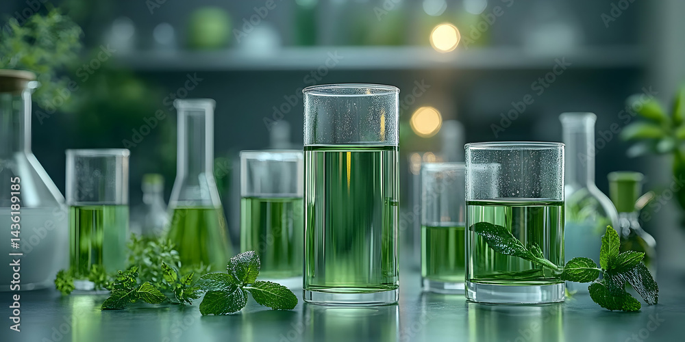 Green Liquid in Glassware 3D Illustration