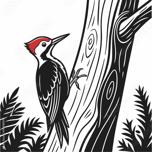 Vector illustration of a wood packer is peeking a trunk of a tree 