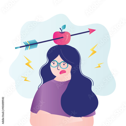 Business woman with apple and arrow on head. Business risk concept. Unhappy girl participate in dangerous circus show or entertainment. Doing archery,