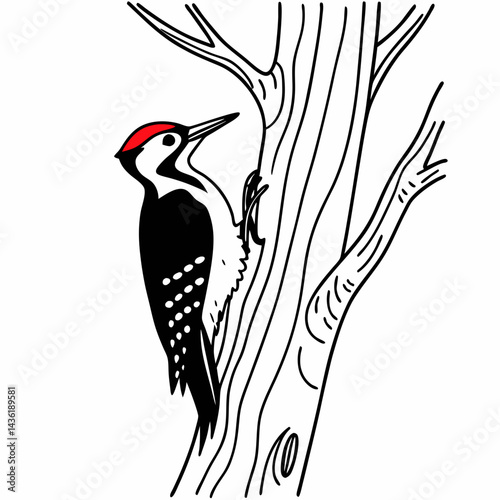 Vector illustration of a wood packer is peeking a trunk of a tree 
