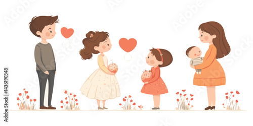 Illustration of two couples with hearts and flowers around them