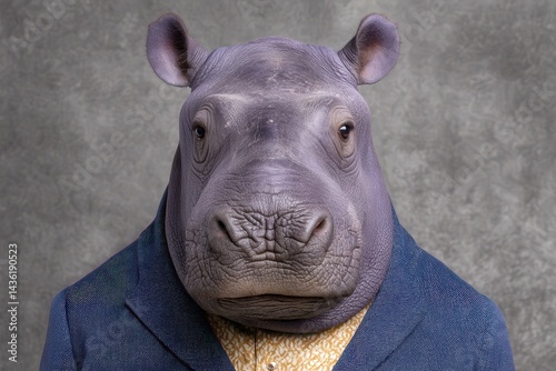 Dressed hippopotamus with textured gray skin wearing a formal blazer facing front in studio setting under neutral background captured in high resolution anthropomorphic portrait format
