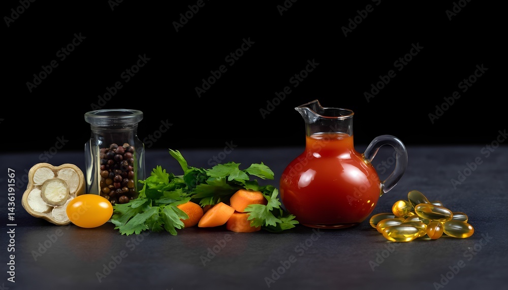 Photorealistic of fibers and vitamin food group on the table , black background. Photorealistic of fibers and vitamin food group on the table , black background.