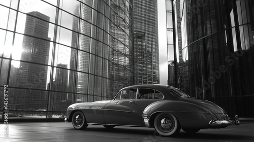Sleek vintage car in front of a modern city skyscraper, mix of old and new, reflections on windows, DSLR camera, 50mm lens, morning, urban photography, monochrome film.
