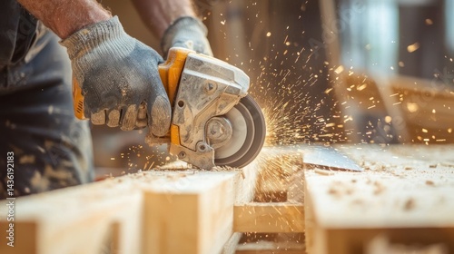 A carpenter cutting a wooden stud with a power saw.
