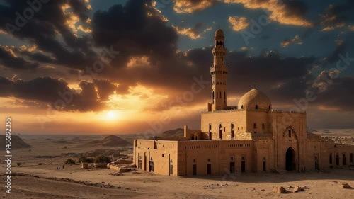 Sandstone Building at Sunset in Desert Landscape