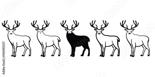 Deer Silhouette Vector Set with One Solid Black Deer and Four Outline Deer Vector Silhouette
