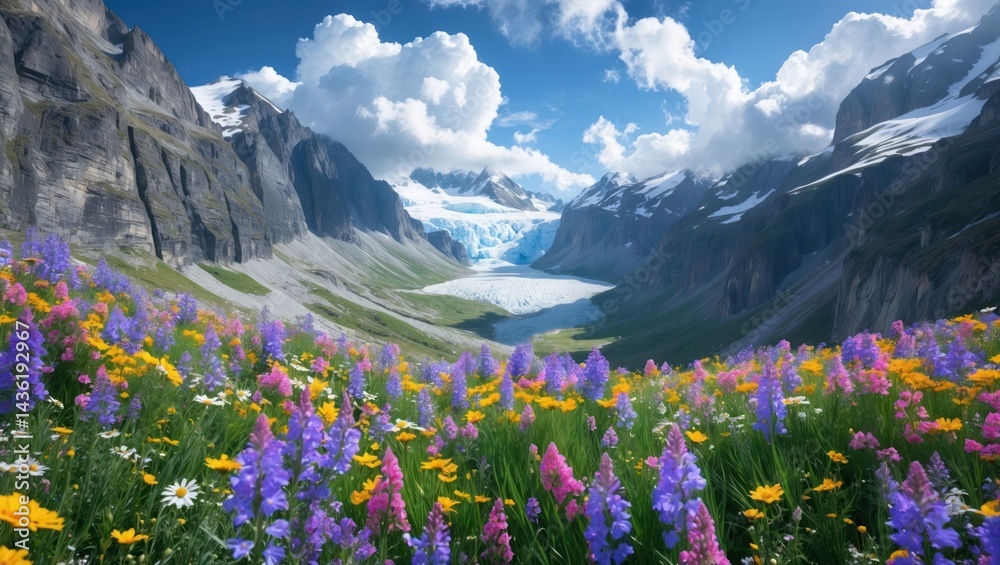 Fototapeta premium Glacier Valley and Colorful Wildflower Meadow Landscape in Spring