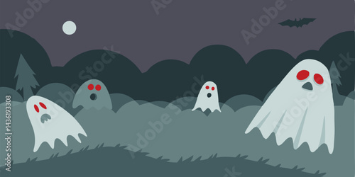 Spooky Halloween Ghosts in Dark Night Forest Scene Vector Silhouette