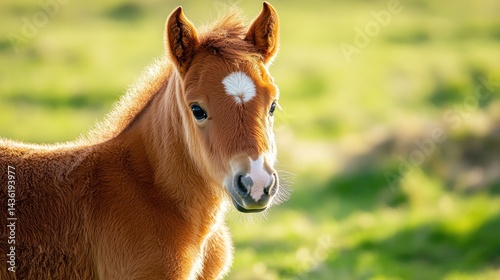 Young foal in grassy field at sunset.  Possible use Stock photo for children's books, farm animals, nature