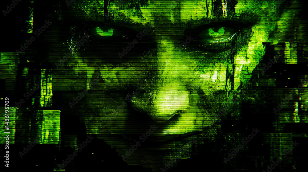 Obraz premium art featuring fractured human face with green digital elements emerging