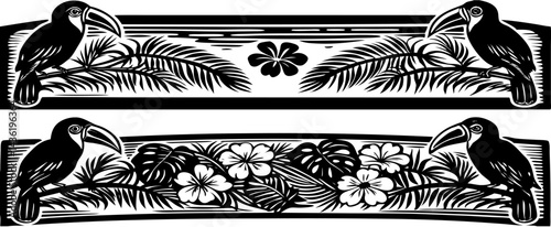 Horizontal banner with two beautiful colorful toucan birds (Ramphastidae) on a branch in a rainforest. Couple of toucan bird and leaves of tropical plants on sunny background. Copy space for text
