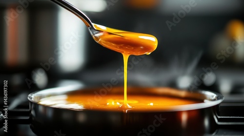 Delicious Golden Sauce Drizzling from Spoon into Pan Close up Cooking Photography