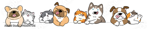 Vector Illustration of Cartoon Dog and Cat Couples on Isolated Background. Hand Drawn Vector Illustration.