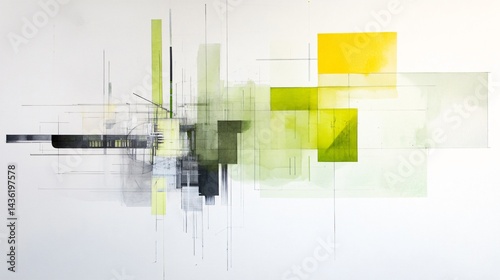 A stylized sustainable research hub rendered with watercolor drips of green hues and precise ink geometric patterns showing biomass reactor below ground