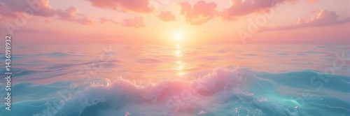 Tranquil Pink-Orange Sunset Over Calm Blue Ocean with Gentle Waves and Splashes - Ideal for Banners and Backgrounds, Ample Copy Space Available.