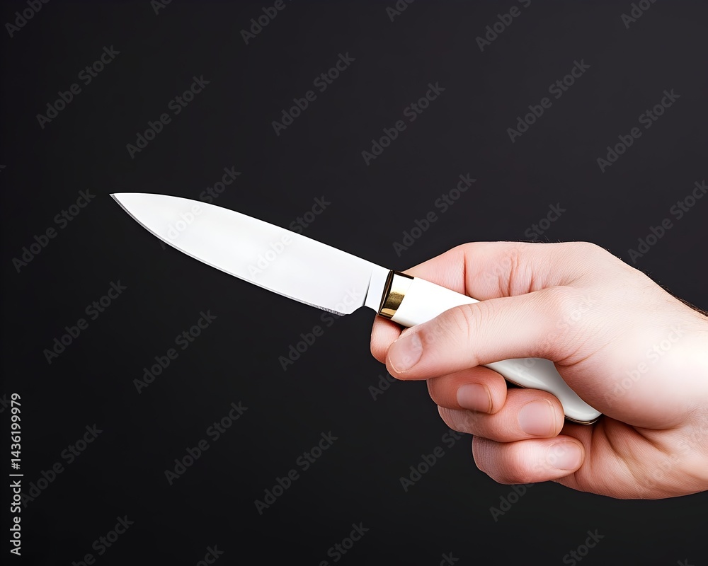 A hand holds a small, white-handled knife with a slender, metallic blade against a dark background