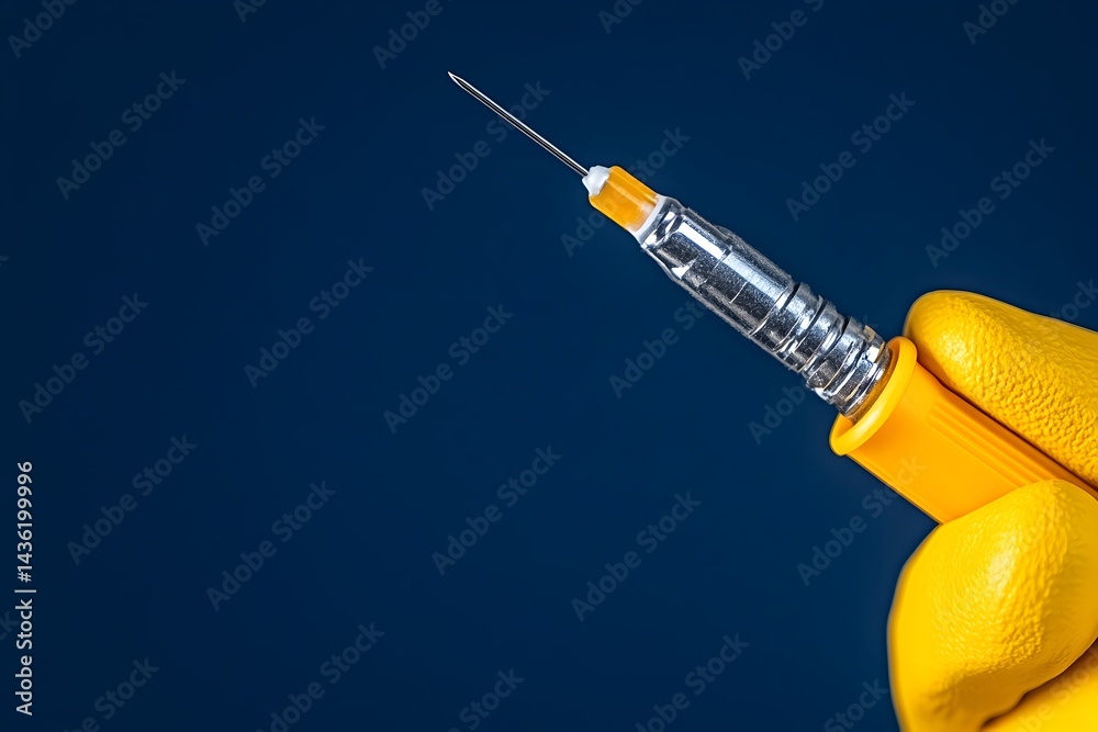 A gloved hand holds a thin, silver needle attached to a yellow medical device against a dark blue background