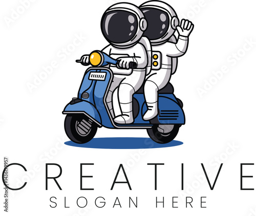 Astronauts Riding Vintage Scooter Fun Illustration Design Two Duo Sky Art Cute Blue Ride Pair Team  