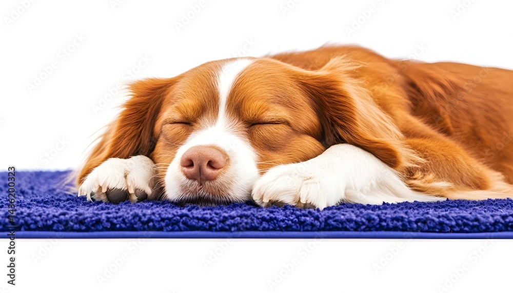 A reddish-brown dog peacefully sleeps on a plush, dark-blue mat against a white background