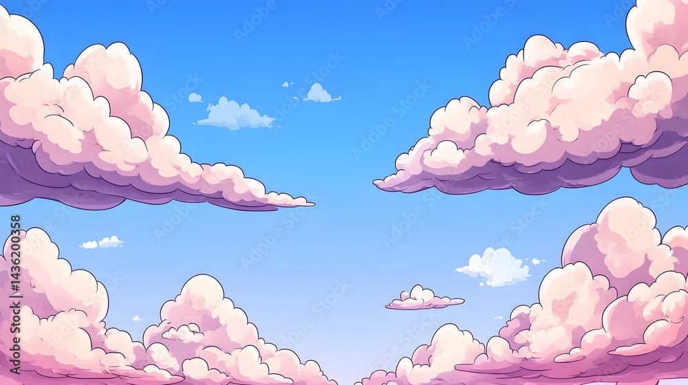 A vibrant cartoon sky filled with fluffy, pastel-pink clouds against a bright blue backdrop