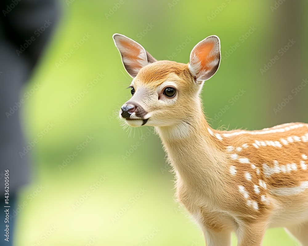 A young fawn, light brown with white spots, stands alert in a softly blurred green meadow