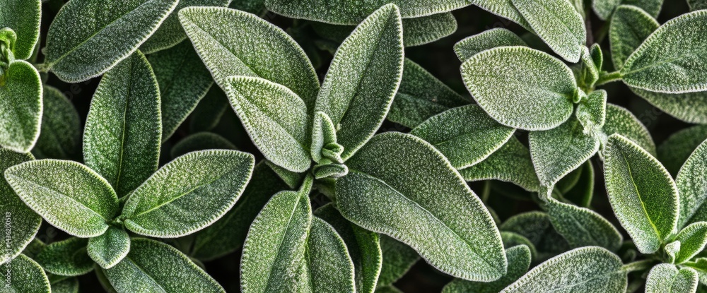 Obraz premium Close-up of fresh rosemary leaves, with the background showing an entire plant in full bloom. The focus is on the green and white colors of Rosmarinus officinalis