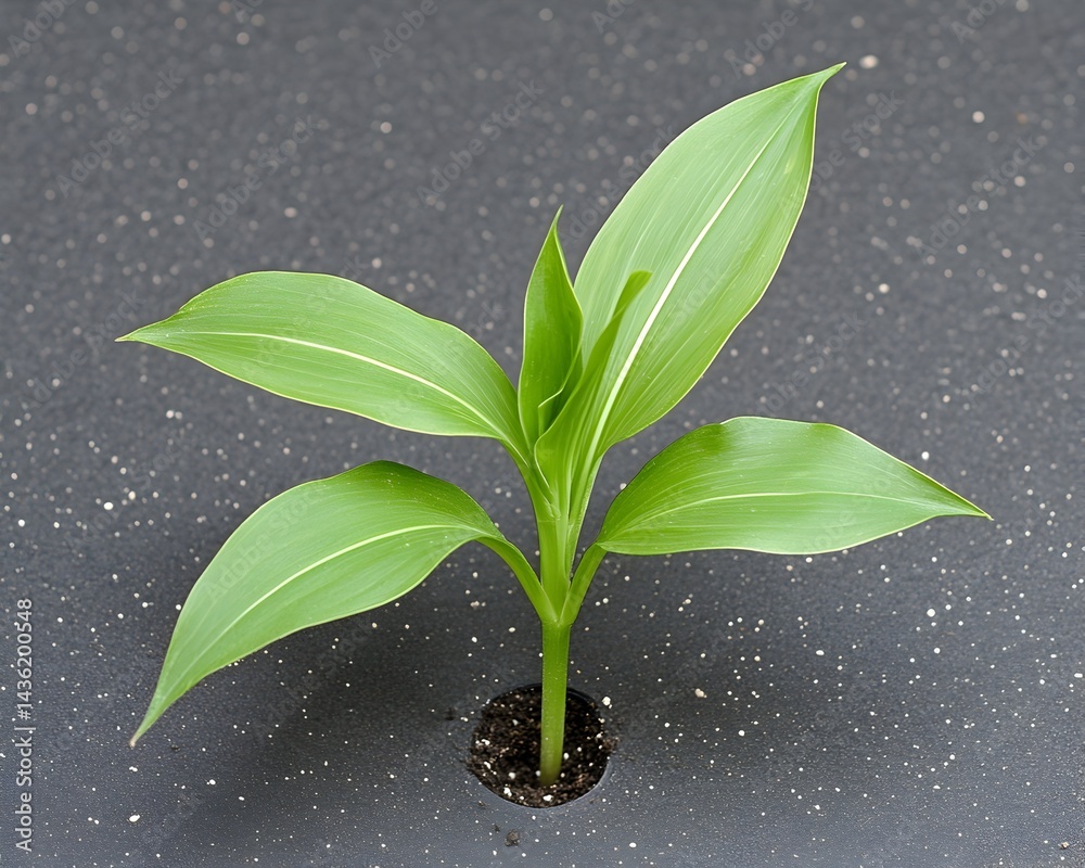 A young plant with vibrant green leaves emerges from dark soil through a hole in a dark gray surface