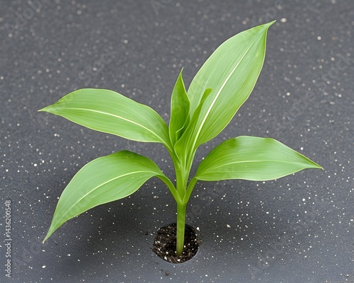 Obraz na płótnie A young plant with vibrant green leaves emerges from dark soil through a hole in a dark gray surface w salonie