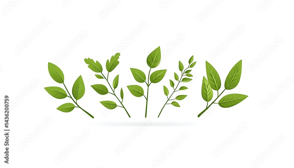 Collection of vibrant green leaves, stems, and sprigs, isolated on white background