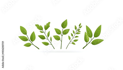 Collection of vibrant green leaves, stems, and sprigs, isolated on white background