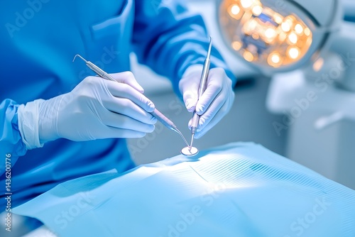 Obraz na płótnie Close-up of gloved hands using dental tools during a procedure, illuminated by overhead light w salonie