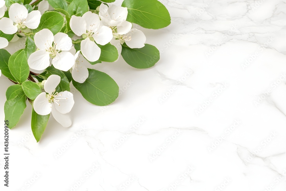 Delicate white blossoms and green leaves arranged on a marble surface, leaving ample copy space