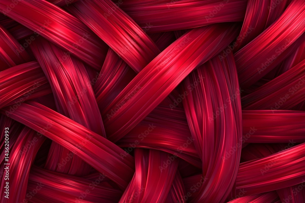 Deep red, interwoven, glossy ribbons create a complex, textured pattern