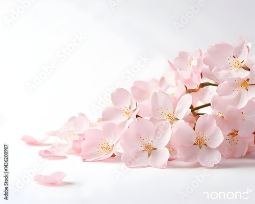 Obraz na płótnie Delicate pink blossoms cascading on a white background, some petals scattered nearby w salonie