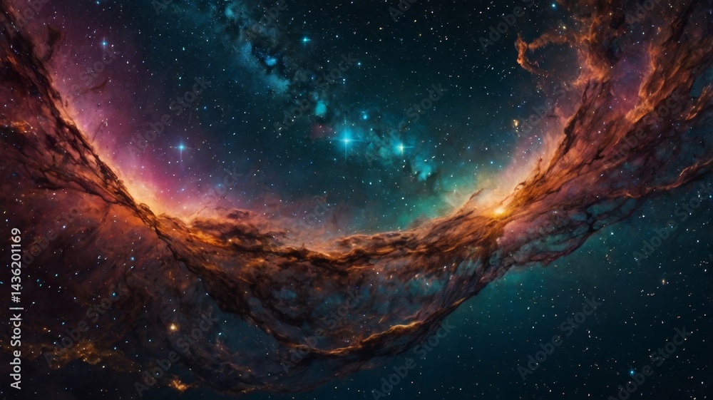 Fototapeta premium A breathtaking celestial scene with countless stars flowing like a river through the vibrant cosmic nebula, generate AI