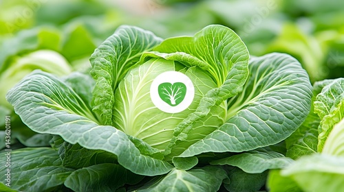 Fresh green cabbage in a field, showcasing healthy, vibrant leaves and a heart-shaped sustainability logo
