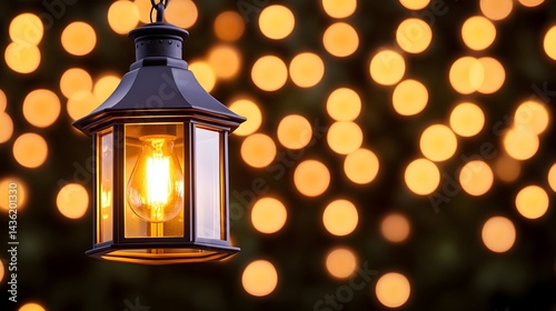 Illuminated lantern hangs against a bokeh of warm lights