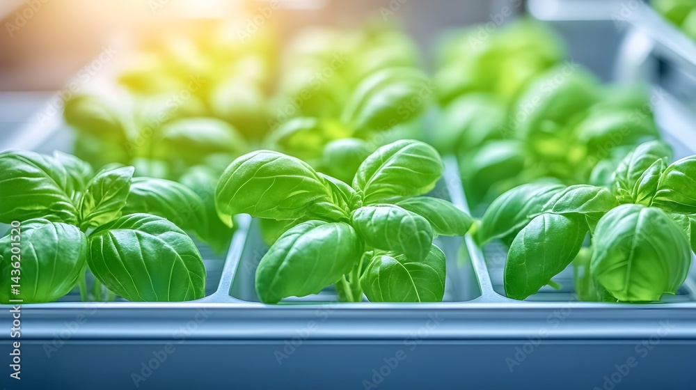 Lush green basil seedlings thriving in a hydroponic tray, bathed in sunlight