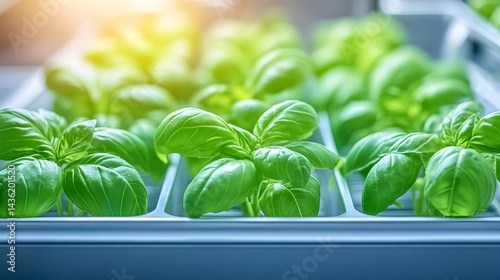 Obraz na płótnie Lush green basil seedlings thriving in a hydroponic tray, bathed in sunlight w salonie